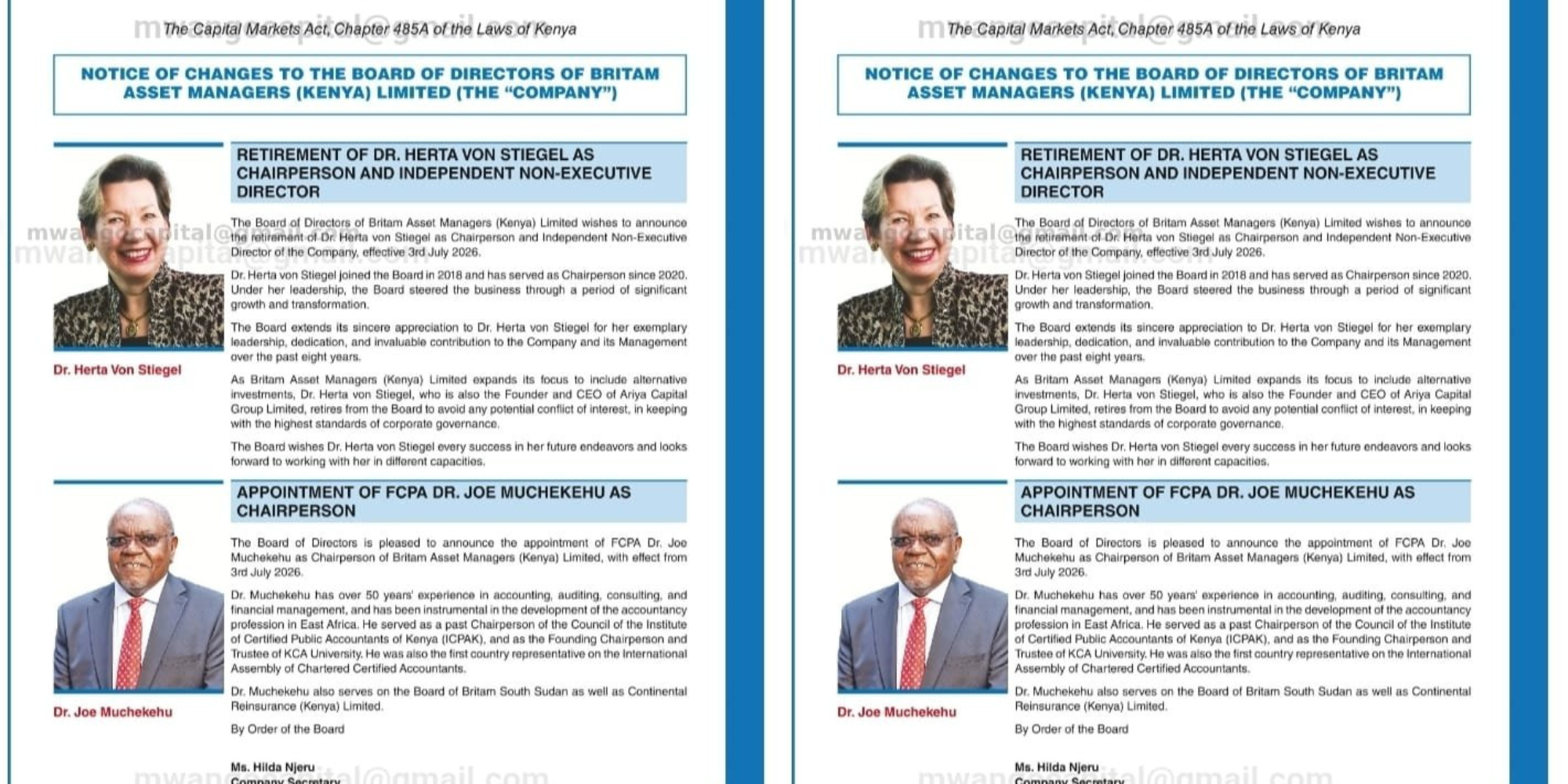 A photo of Britam Asset Managers Announcement on the leadership changes. Photo/ File