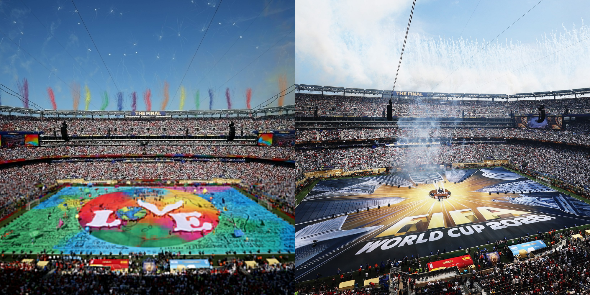 A photo of the FIFA World Cup 2026 halftime entertainment (left) and the award ceremony following the final between Argentina and Spain (right).