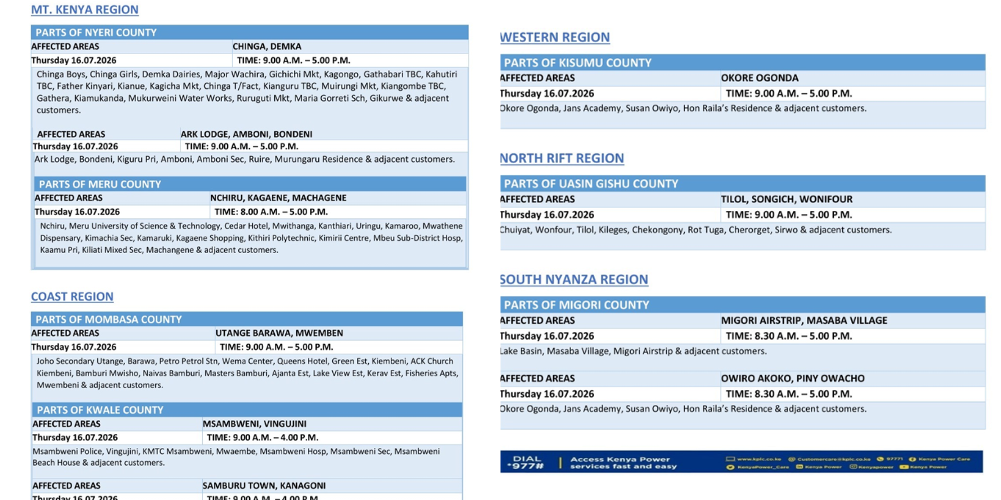 A photo of the Kenya Power showing the list of the affected counties in todays maintainance. Photo /Kenya Power