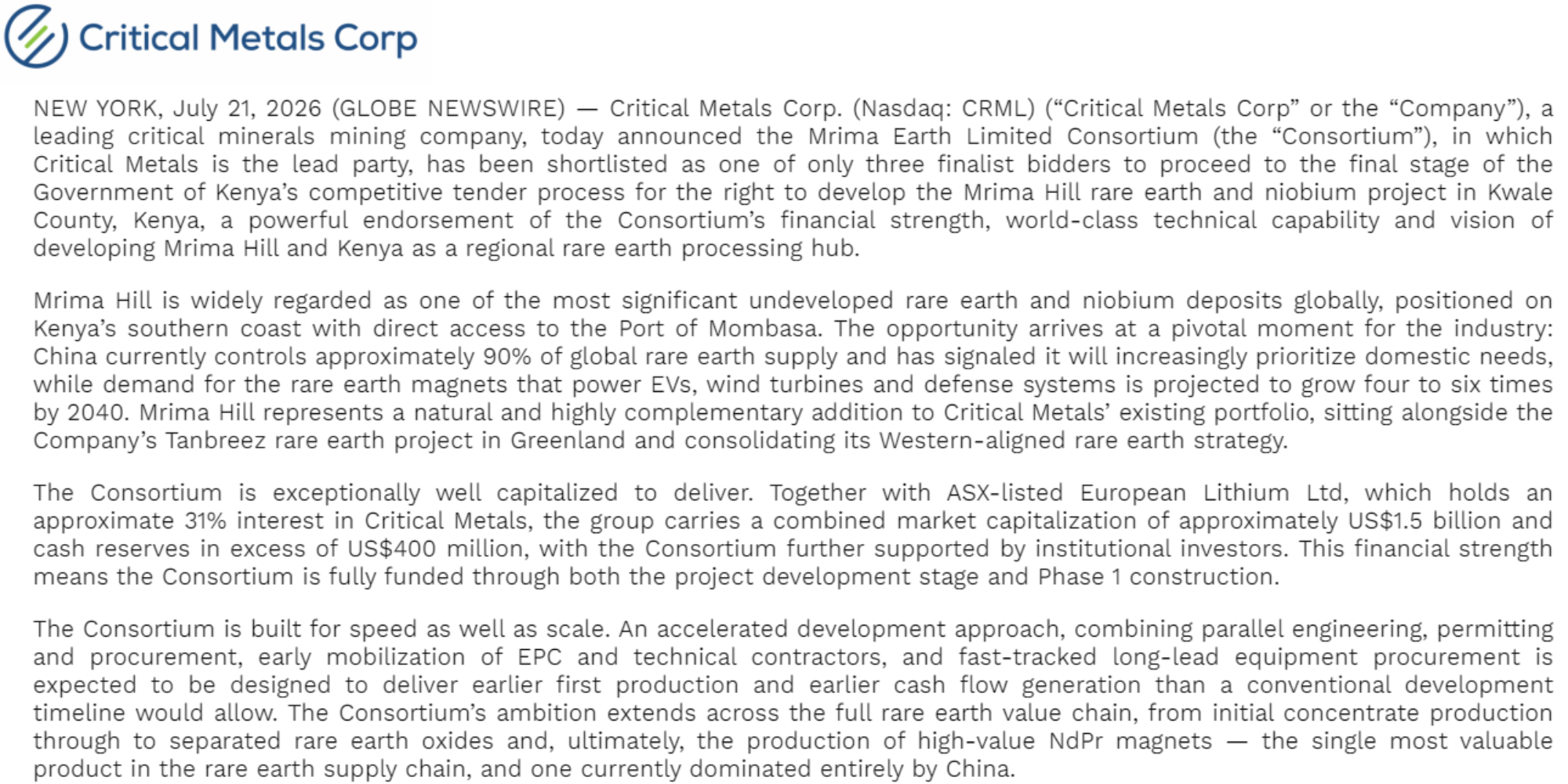 A photo showing Critical metals statement on their shortlisting for kwale mining project. Photo /File