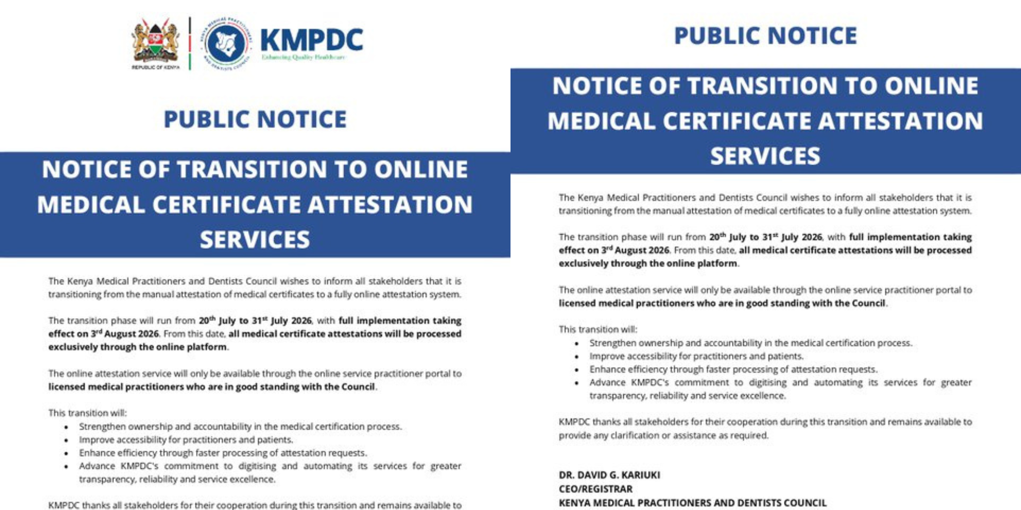 A photo showing KMPDC notice on the transitioning . Photo KMPDC /X