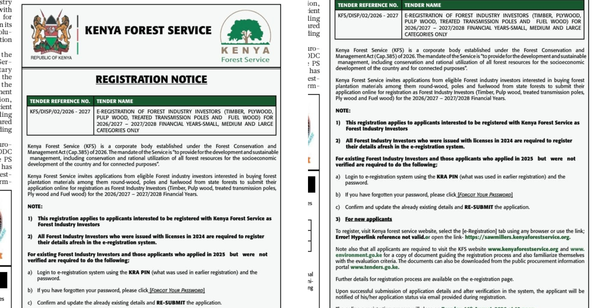 A photo showing Kenya Forest service notice on forest registration. Photo /File