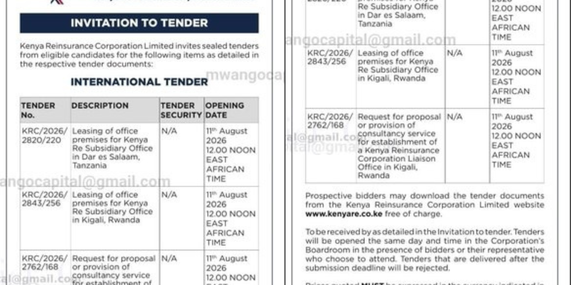 A photo showing Kenya Re invitation for tenders. Photo /File