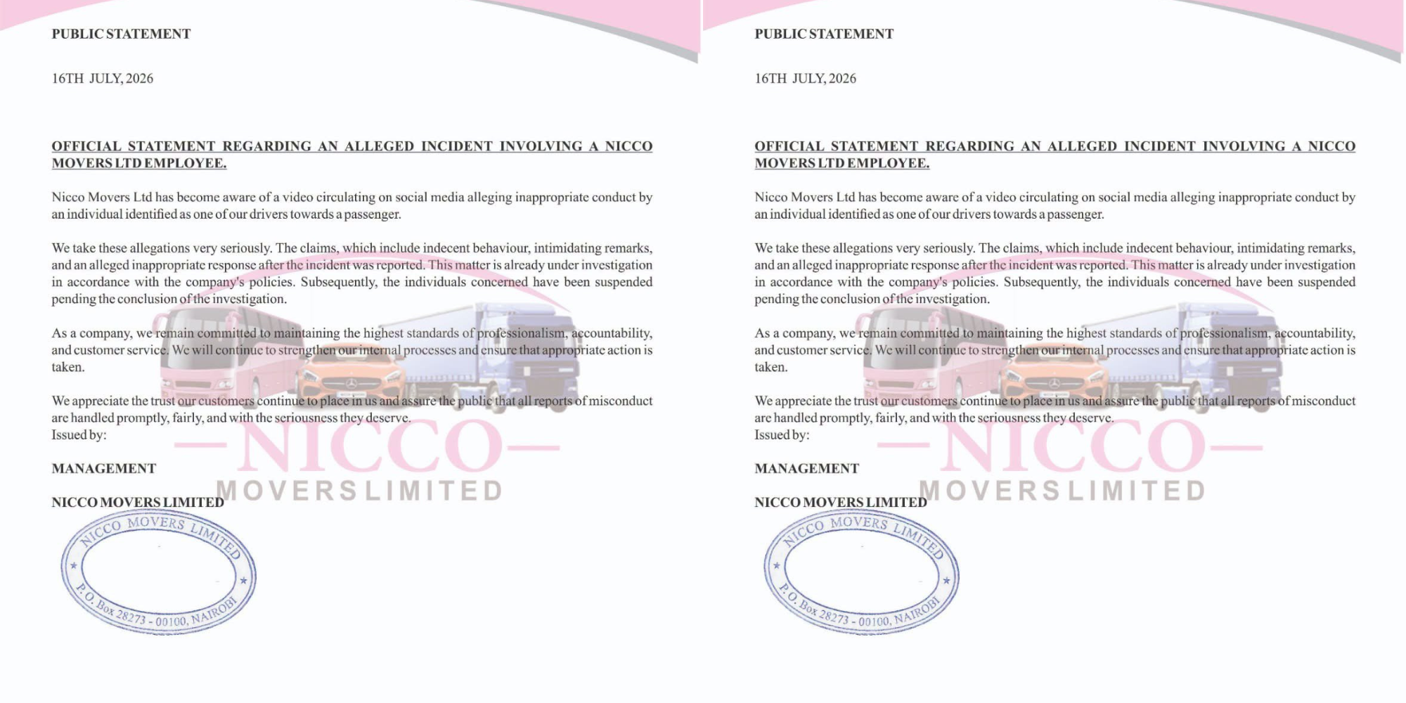 A photo showing Nicco movers statement on drivers misconduct Photo/ Nicco Movers