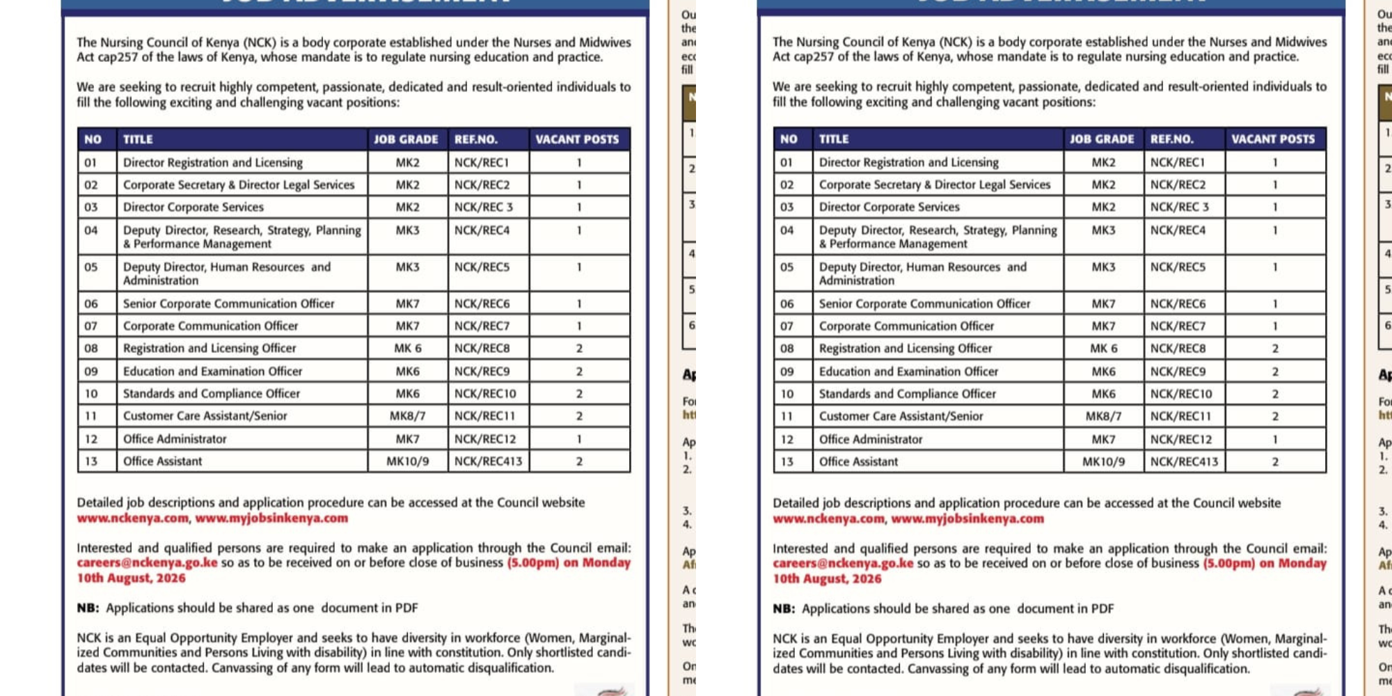 A photo showing Nursing Council Job advert. Photo/ NCK