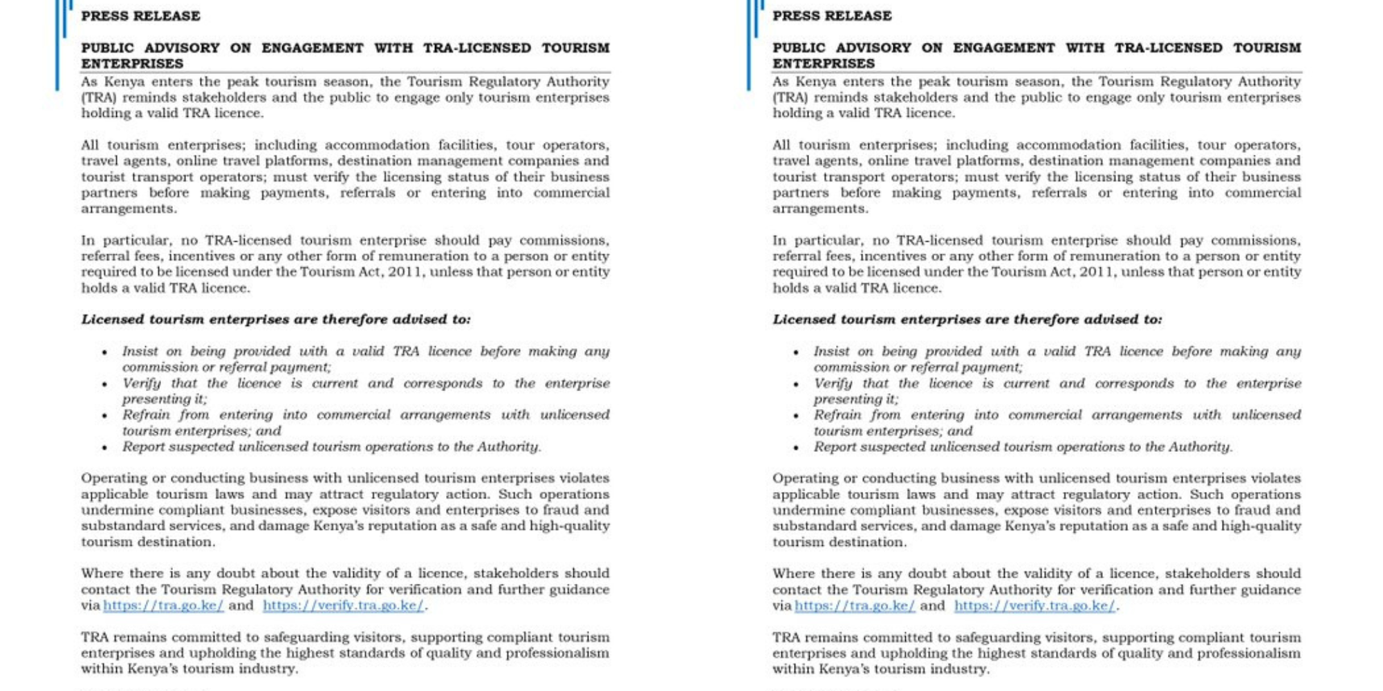 A photo showing The Tourism Regulatory Authority (TRA) advisory to Tourists . Photo /TRA / X