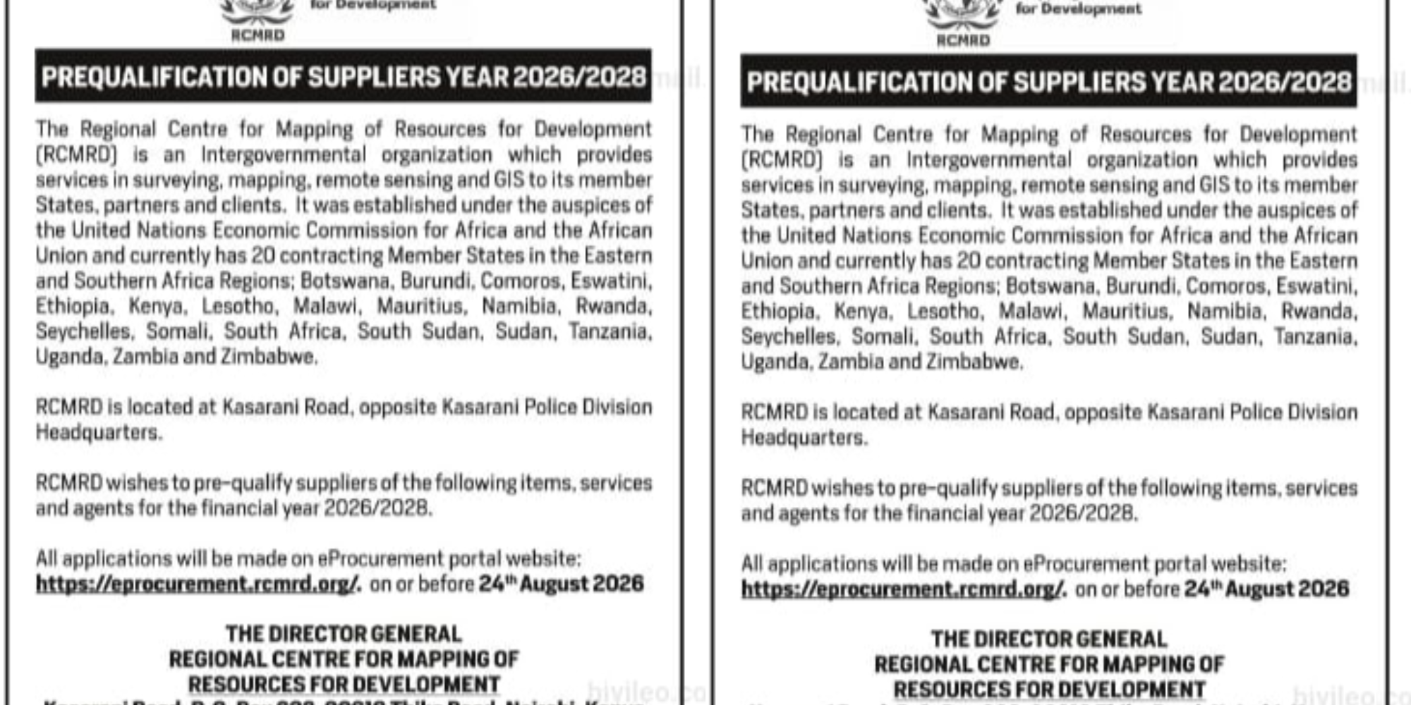 A photo showing a notice of RCMRD on supplier prequalification for business. Photo RCMRD