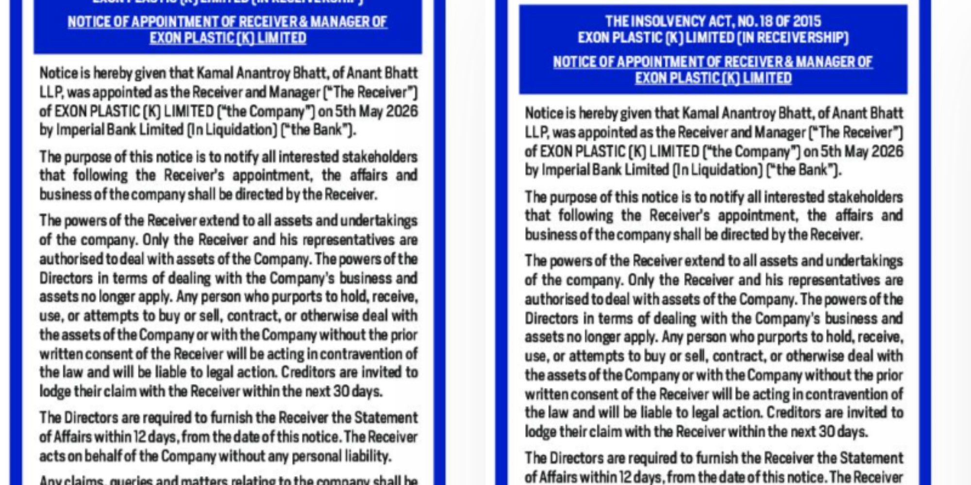 A photo showing notice on Exon Plastic Receivership. Photo / File