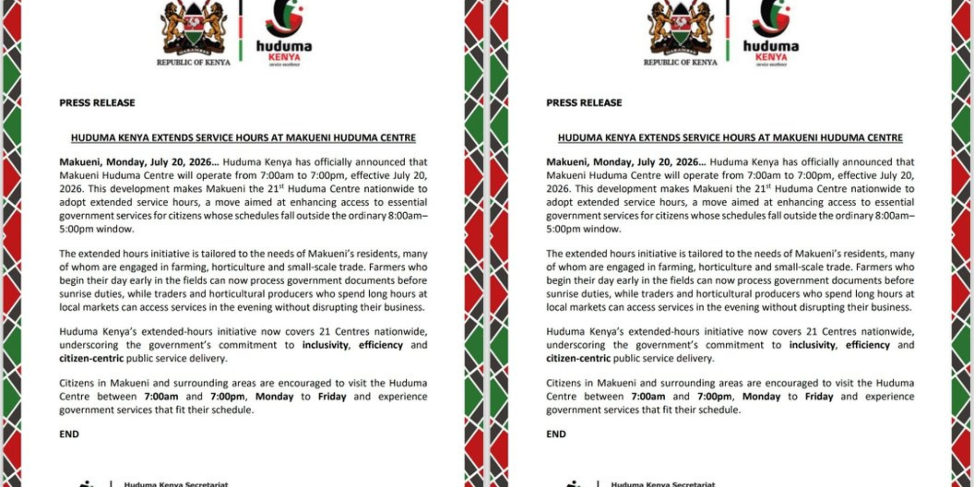 A photo showing press release on Makueni huduma centres on extended hours. Photo /Huduma Kenya /X