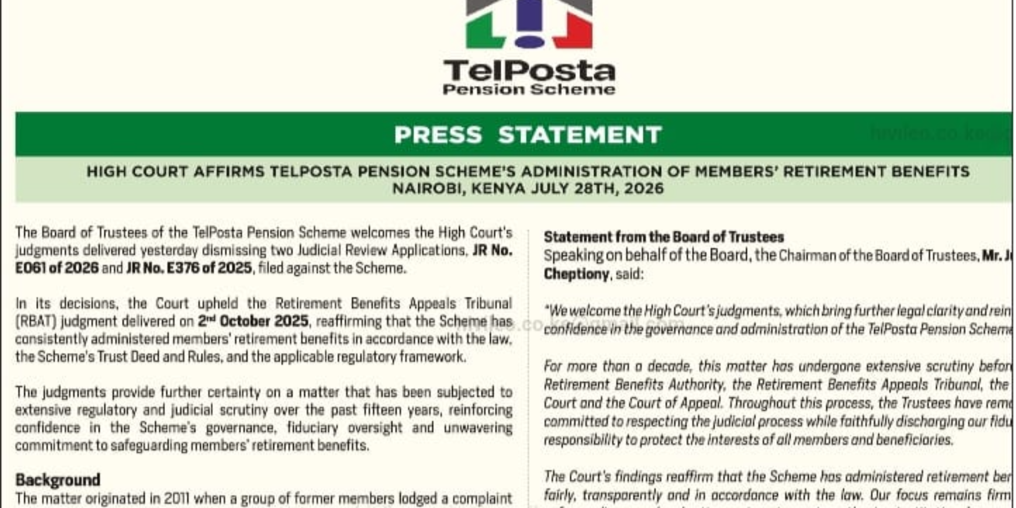 A photo showing statement of Telposta on the high court ruling on pension scheme case. Photo / File
