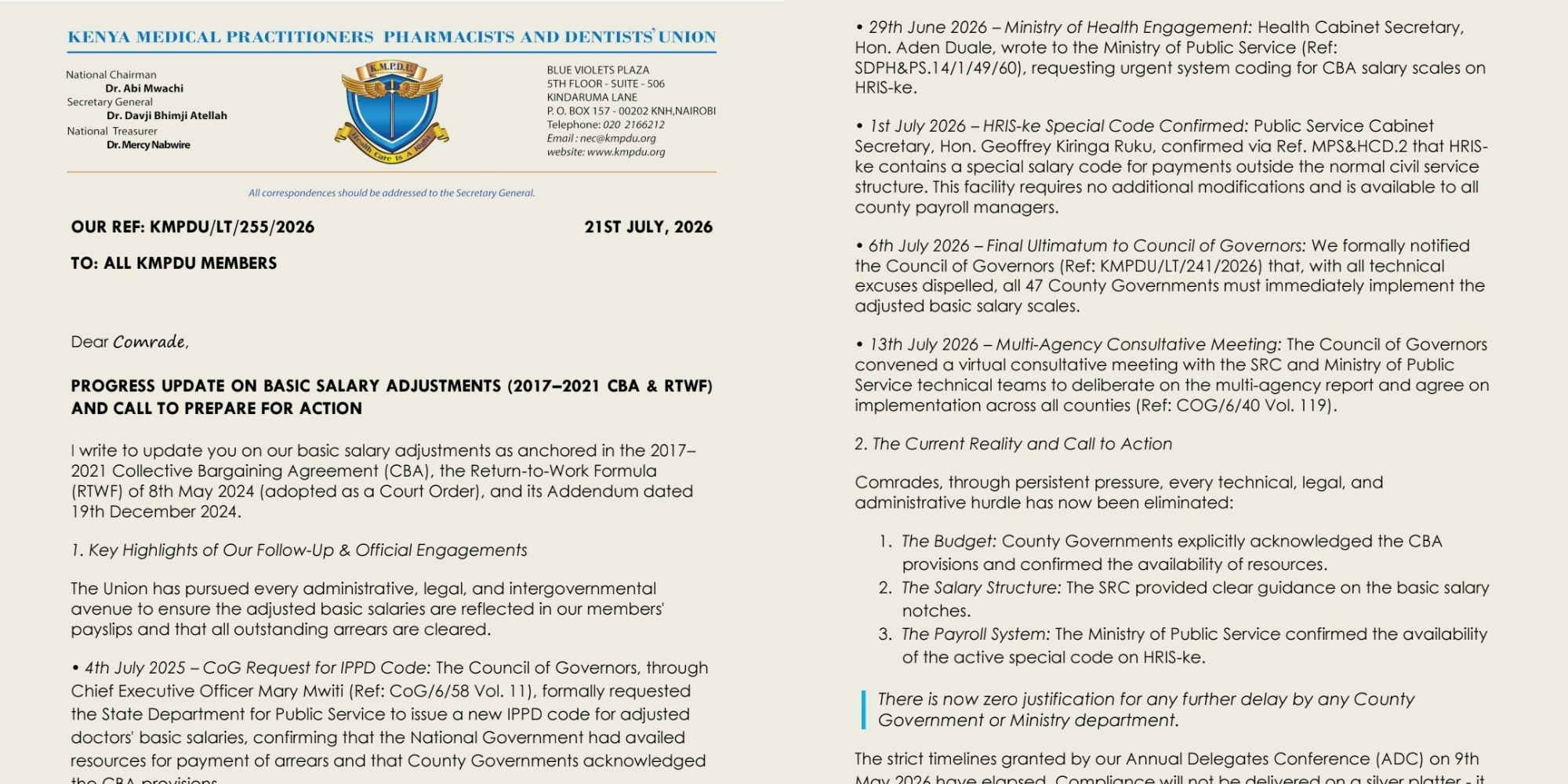 A photo showing the KMPDU notice on salary adjustment threatening strike. Photo / Davji Bhimji Atellah/ X