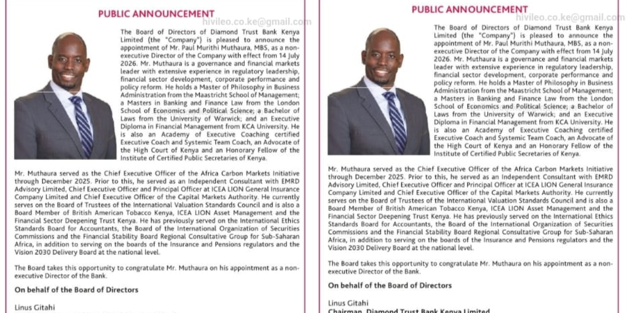 A photo showing the appointment of Paul Muriithi to the board of directors at DTB. Photo DTB