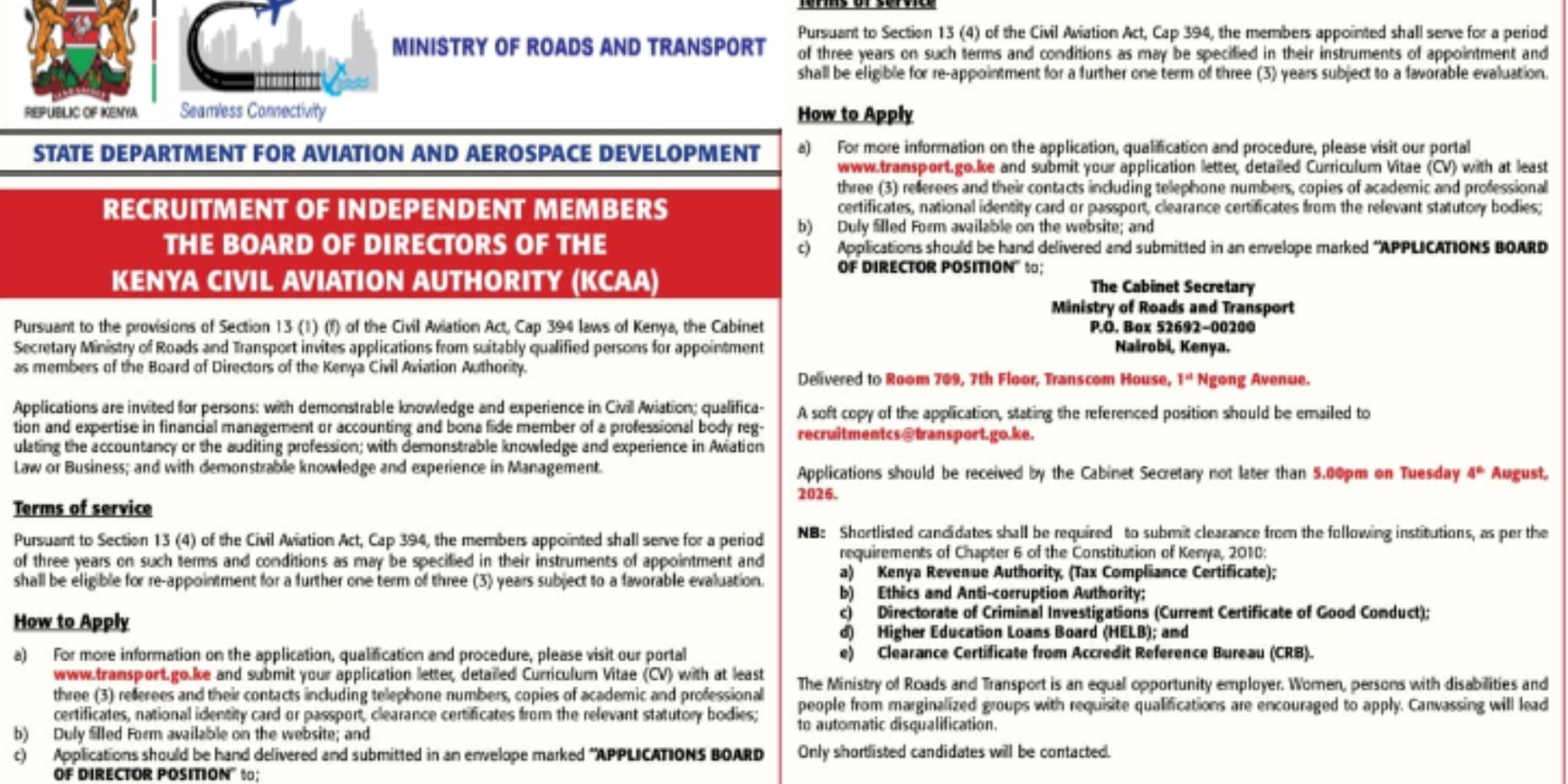 A photo showing the notice on the announcement of KCAA board of directors vacancies. Photo /Ministry of Roads