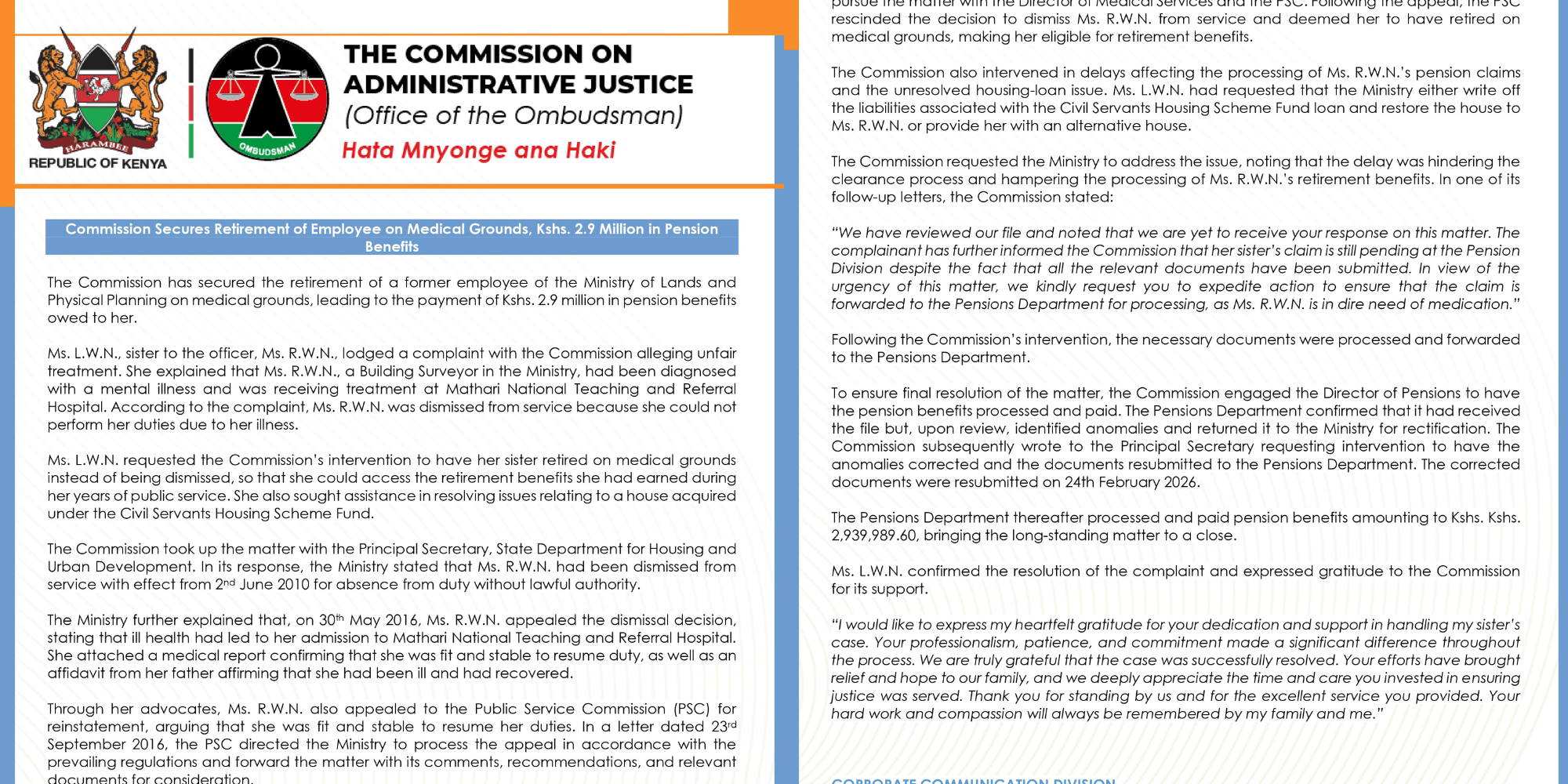 A photo showing the statement of Ombudsman following the win in securing the pension benefits. Photo /Omdusman/ X
