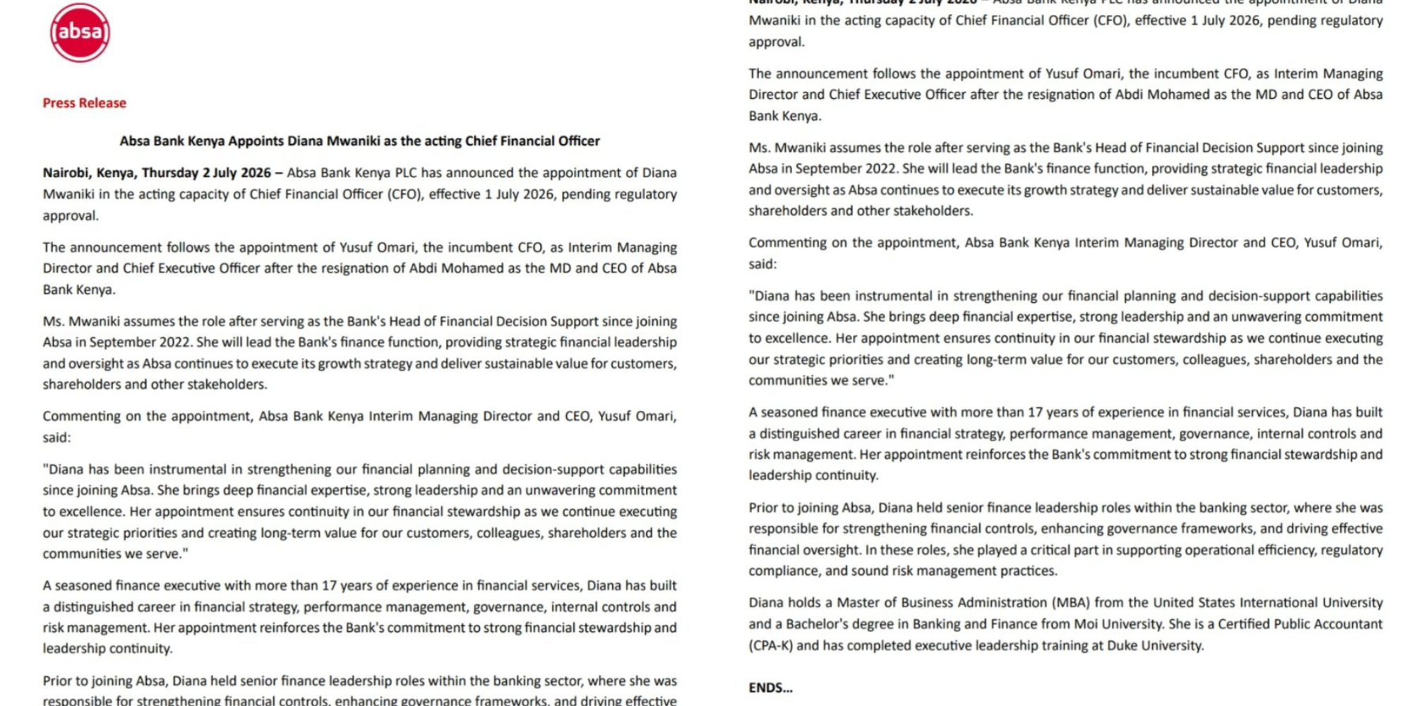 Absa Bank Kenya Appoints Diana Mwaniki as Acting Chief Financial Officer