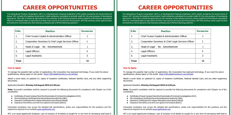 Agricultural Finance Corporation Opens 10 Job Vacancies, Apply Before Deadline