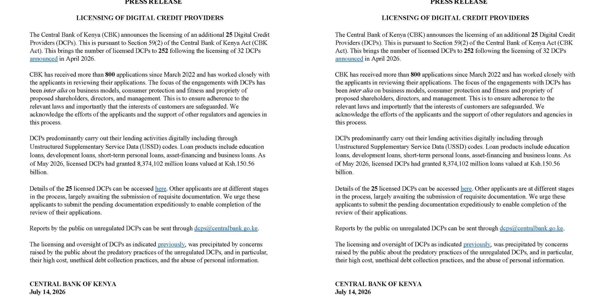 A photo showing CBK press release notice on the approval of the 25 news digital credit providers. Photo/ CBK