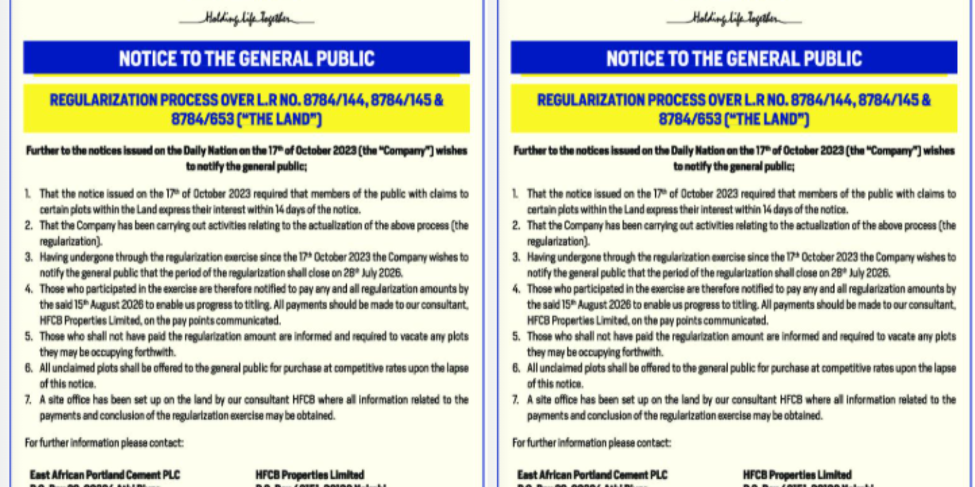EAPC notice on final Phase of Land Regularization Ahead of Titling. Photo/ File
