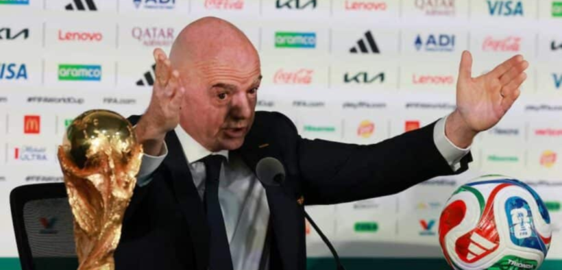 FIFA President Gianni Infantino Press Conference – Estadio Azteca, Mexico City, Mexico – June 10, 2026 FIFA President Gianni Infantino with the FIFA World Cup trophy during the press conference