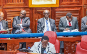 DP Rigathi Gachagua with his legal team, led by Senior Counsel Paul Muite, follow proceedings during his impeachment trial at the Senate on October 16, 2024. PHOTO | COURTESY