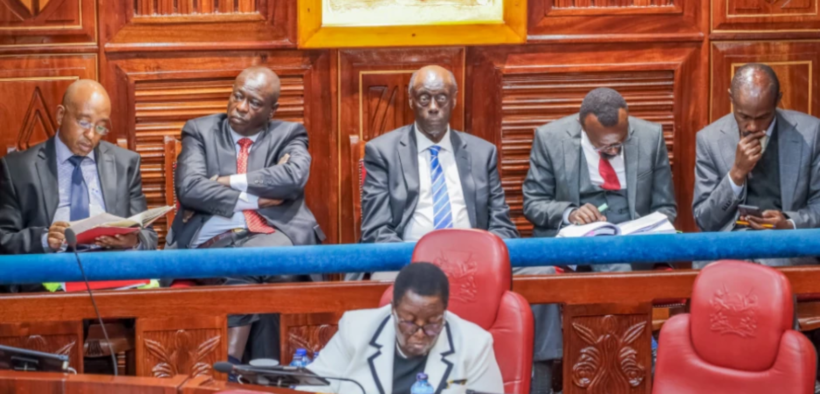 DP Rigathi Gachagua with his legal team, led by Senior Counsel Paul Muite, follow proceedings during his impeachment trial at the Senate on October 16, 2024. PHOTO | COURTESY