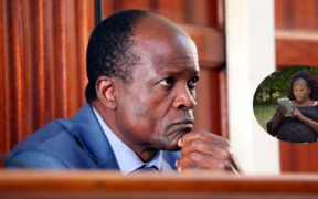 Former Migori Governor Okoth Obado at Milimani Law Court on July 14, 2022, with an insert of late Sharon Otieno. PHOTO/FILE.