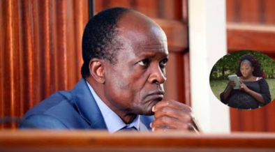Former Migori Governor Okoth Obado at Milimani Law Court on July 14, 2022, with an insert of late Sharon Otieno. PHOTO/FILE.