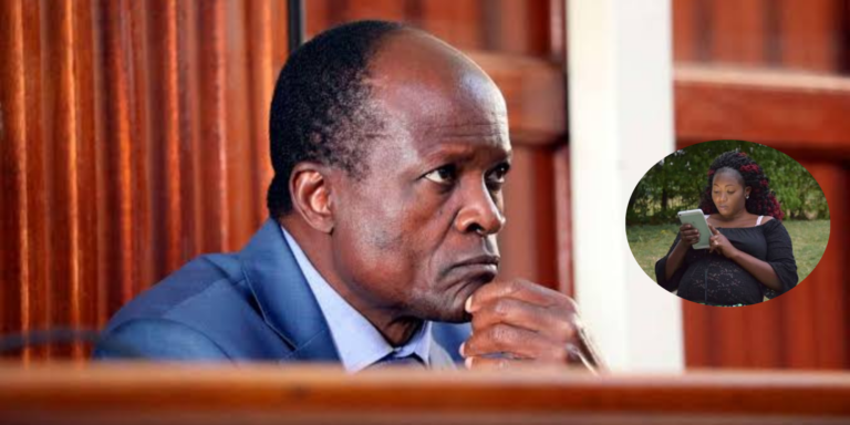 Former Migori Governor Okoth Obado at Milimani Law Court on July 14, 2022, with an insert of late Sharon Otieno. PHOTO/FILE.