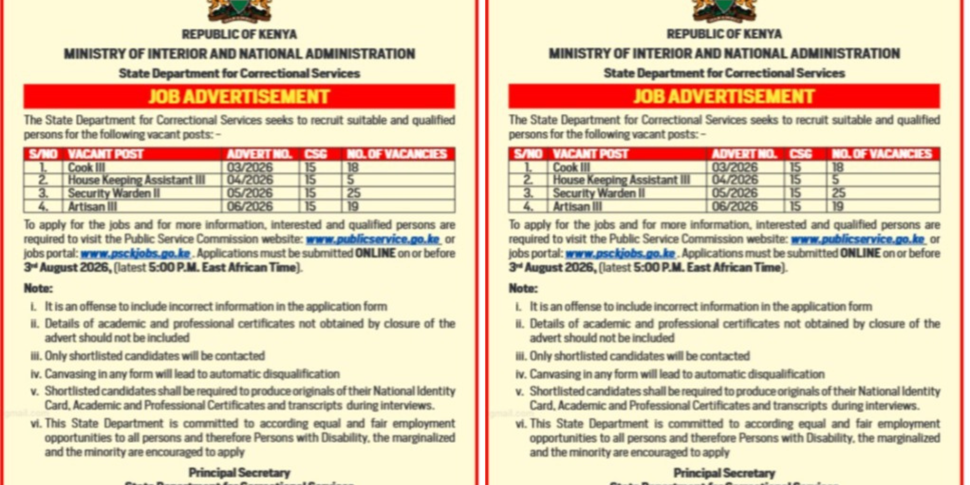 A photo showing the advertised job vacancies by State department for Correctional Services . Photo/ File