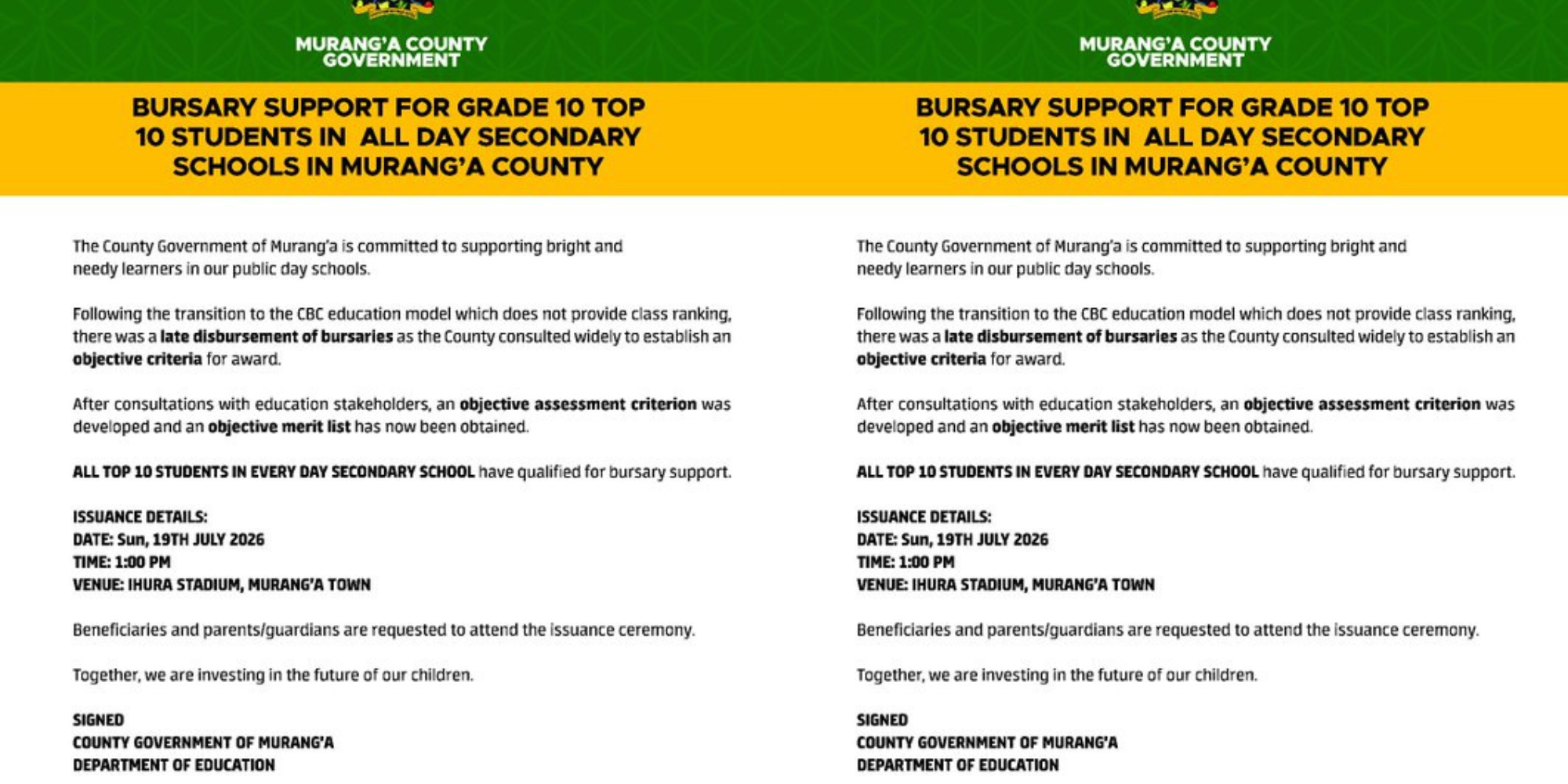 A photo showing Murang'a county notice on bursary issuance. Photo/ Irungu Kangata