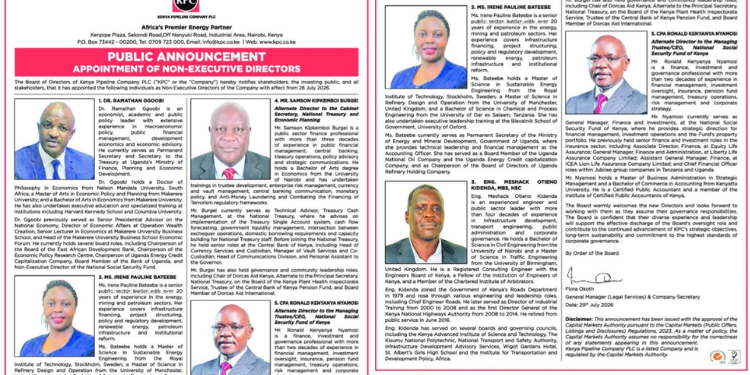 Kenya Pipeline Company Names Five Non-Executive Directors in Board Shake-Up. Credits KPC