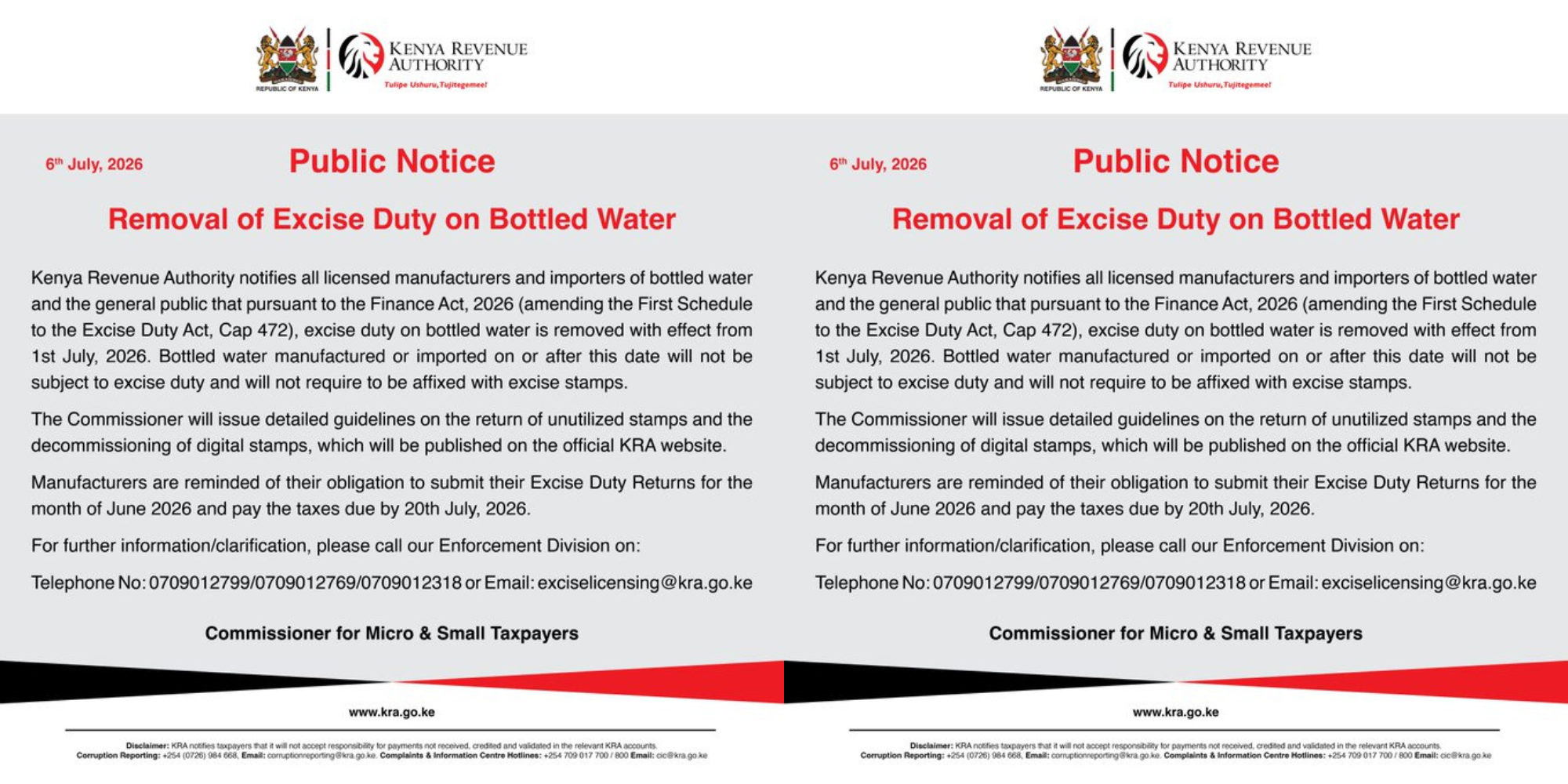 KRA Announces Removal of Excise Duty on Bottled Water