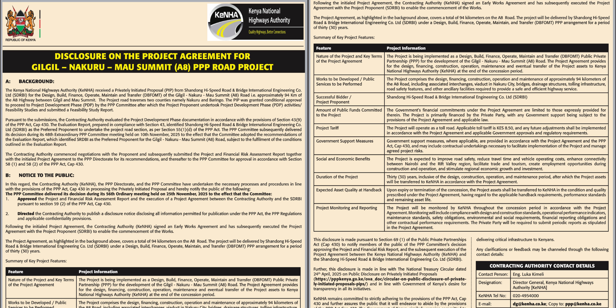 KeNHA Releases Details of Gilgil–Nakuru–Mau Summit Road Project. Photo/ KeNHA