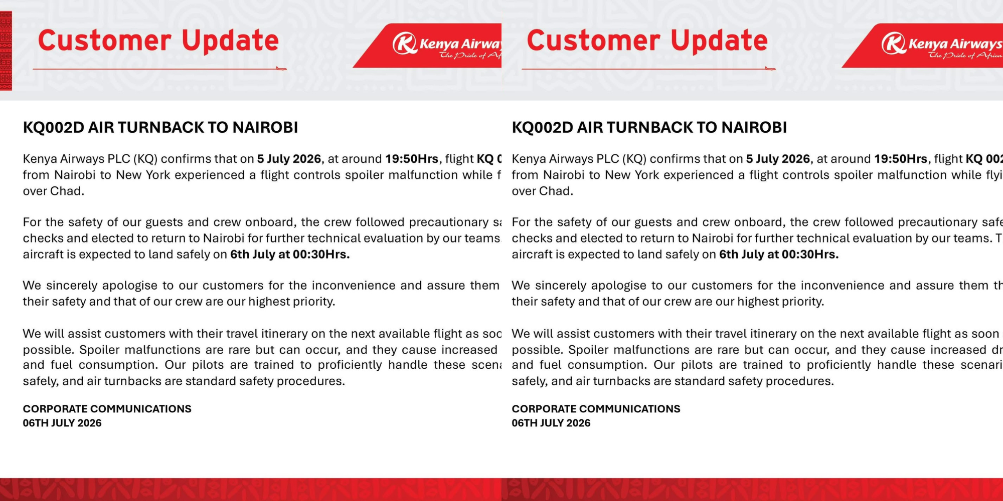 Kenya Airways Confirms Return of New York Flight After Technical Issue