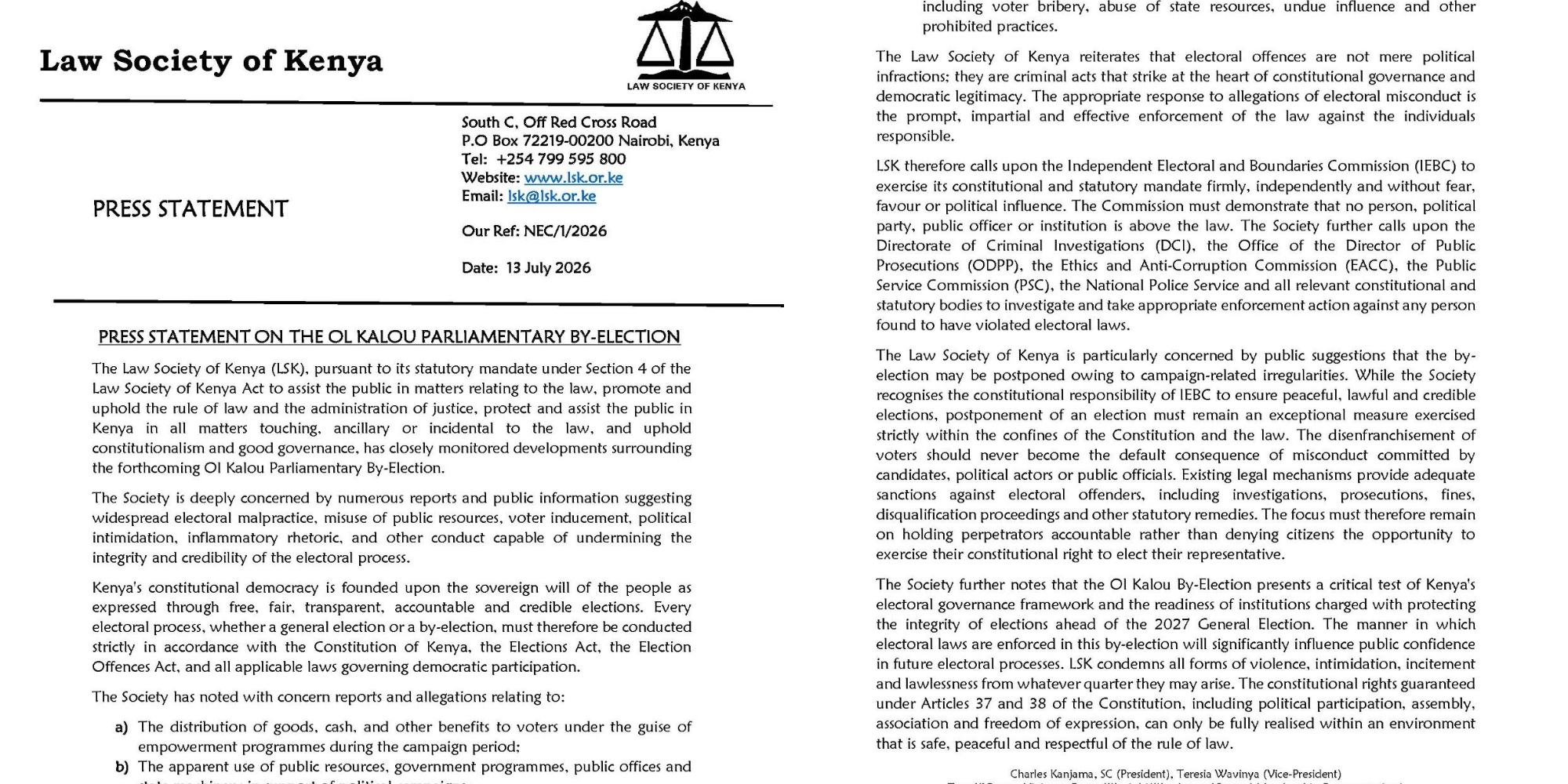 A photo showing LSK statement about the upcoming ol kalou by election. Photo / LSK/ X