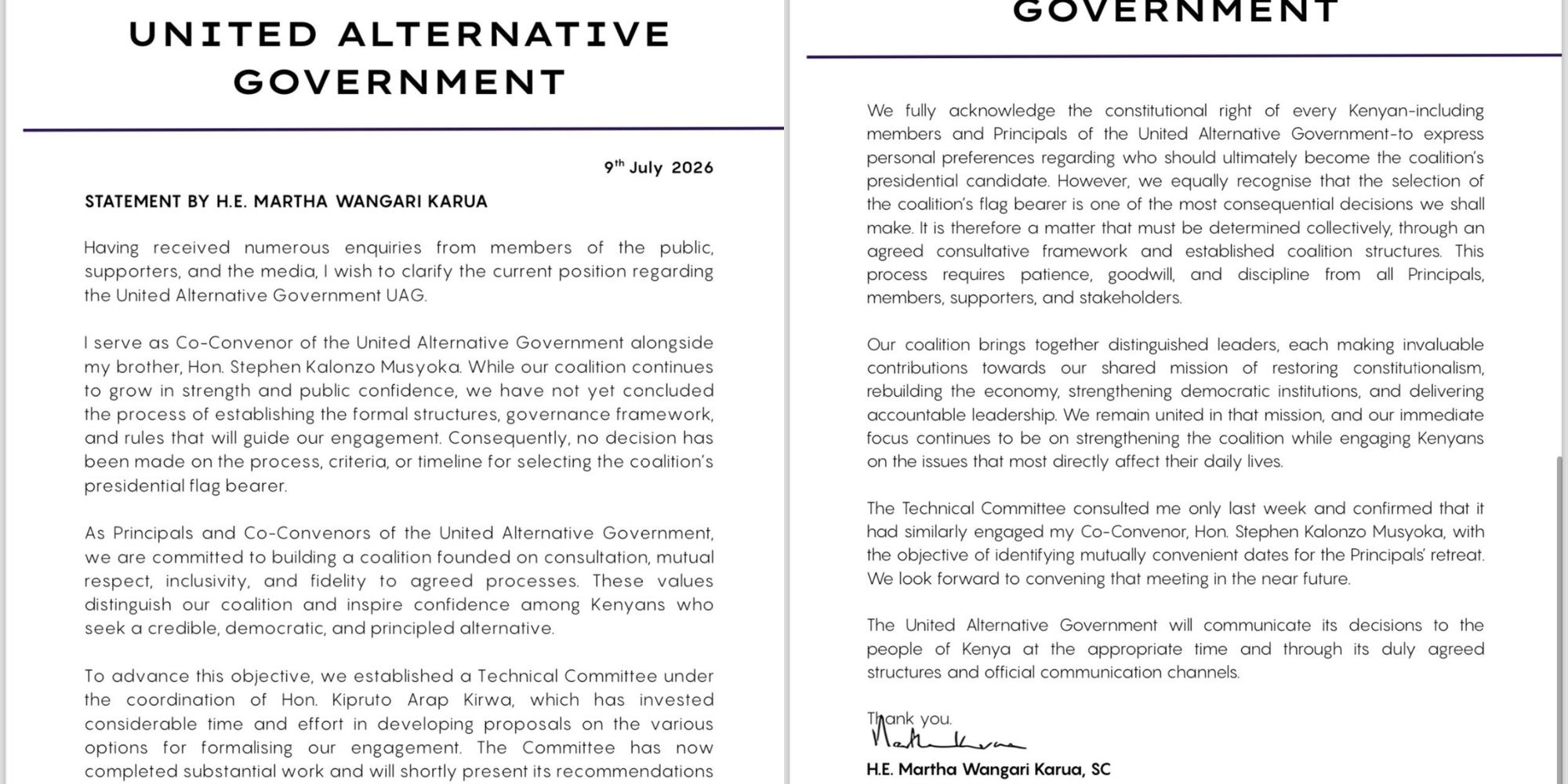 A photo of the screenshot of the statement explaining why United opposition has not yet picked a candidate. Photo/ Martha Karua / X