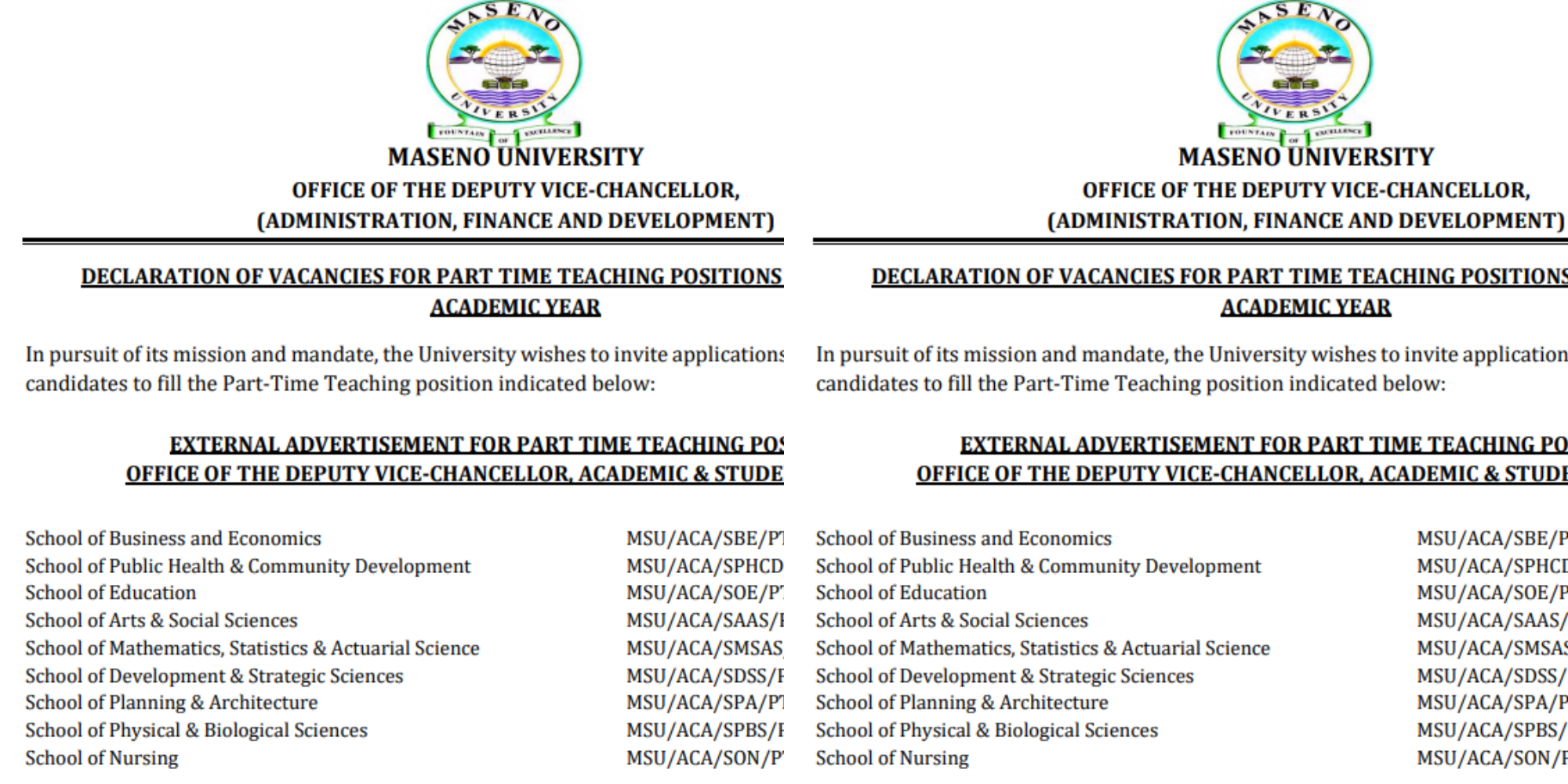 A screenshot showing the schools with the part time vacancies. Photo/ Maseno University