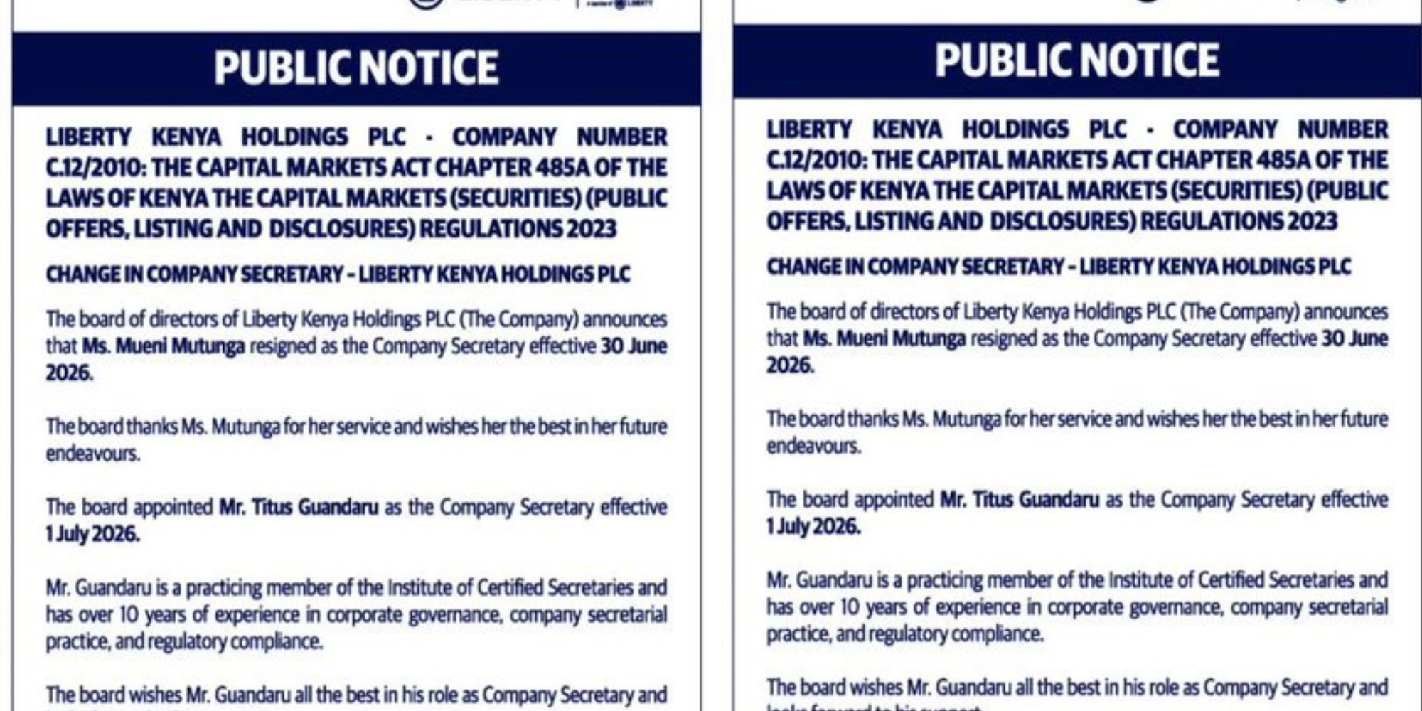 Titus Guandaru Named Company Secretary at Liberty Kenya 