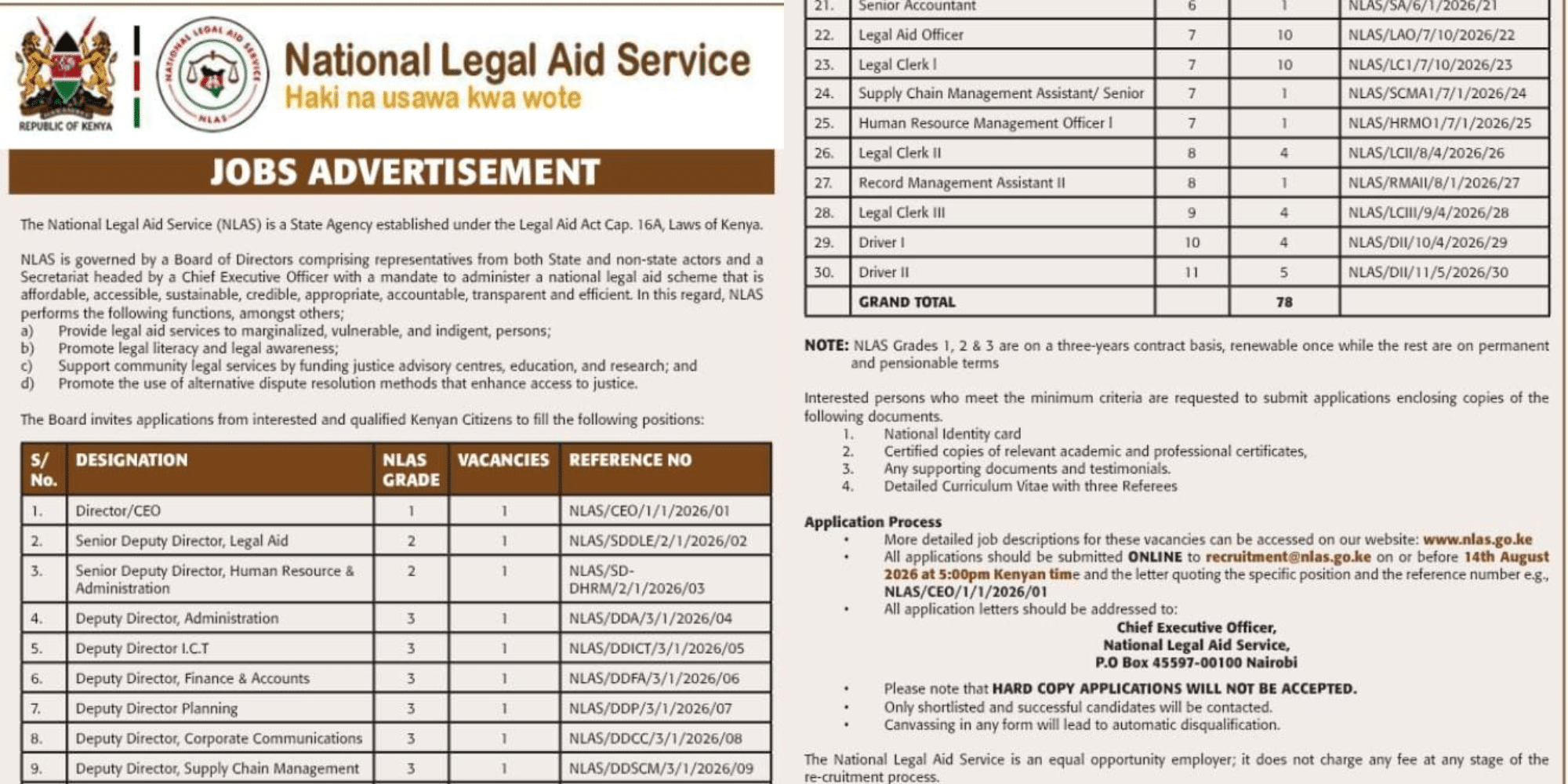 A photo showing National Legal Aid Service job vacancies. Photo/ File
