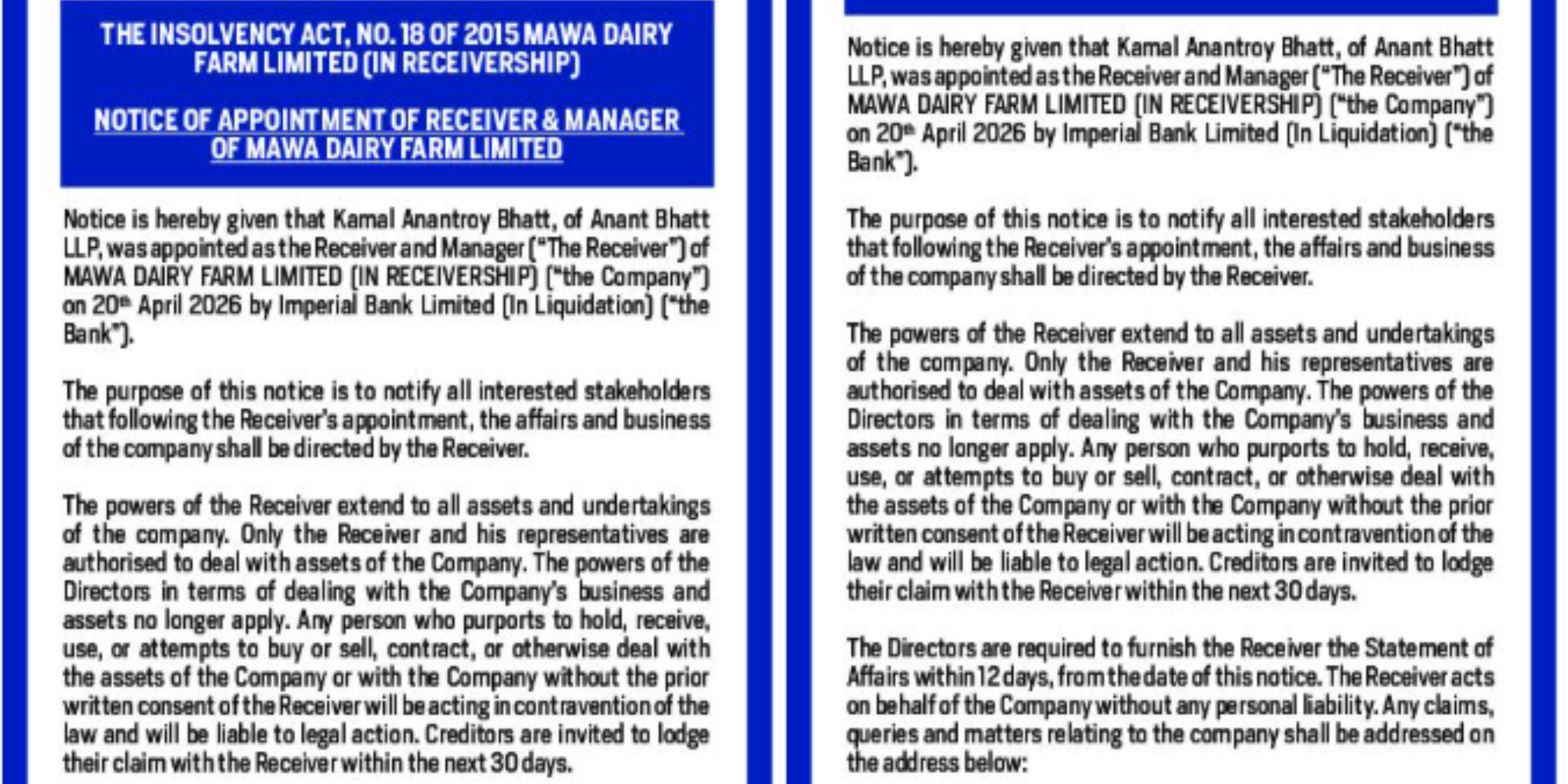 Notice showing the appointment of Mawa Dairy farm receivership. Photo/ File