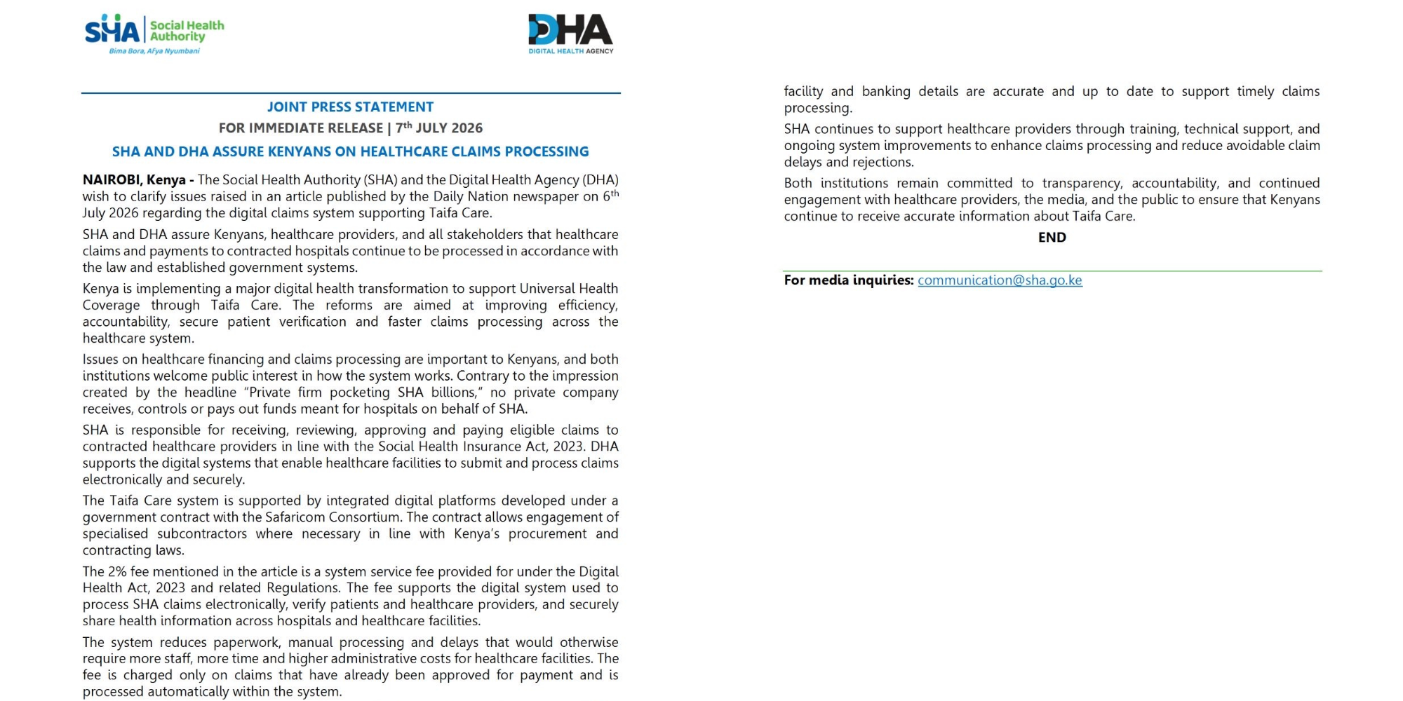 A photo showing the joint statement between SHA and DHA. Photo/ SHA