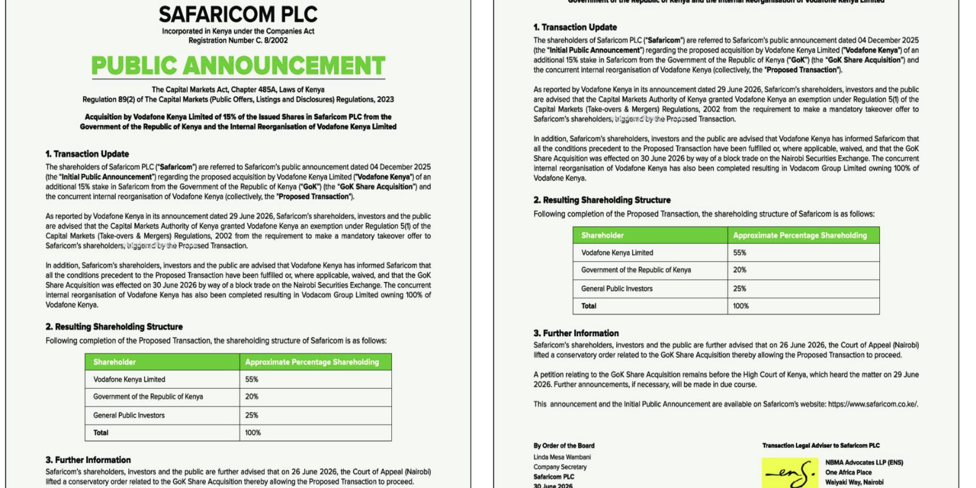 Safaricom Confirms Vodafone Kenya Acquired Government's 15% Stake