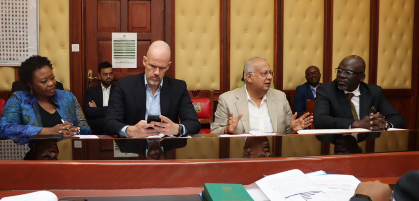 Bharat Shah, a director of the KAM Board, together with KAM CEO Tobias Alando at the National Assembly building during the discussion of 433% Excise Duty on industrial sugar. PHOTO/ KAM