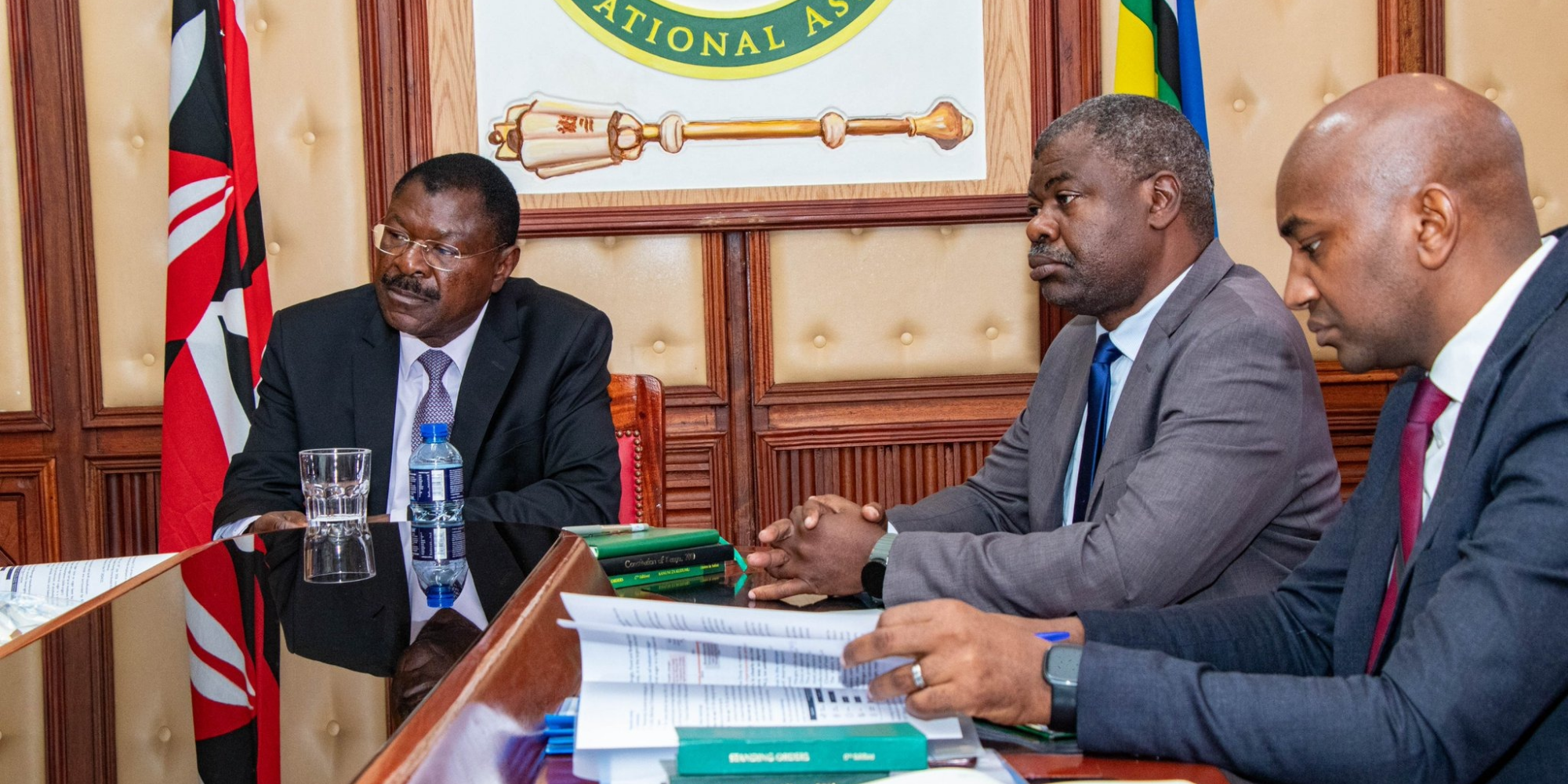 National Assembly Speaker, Moses Wetang'ula together with KAM CEO Tobias Alando at the National Assembly building during the discussion of 433% Excise Duty on industrial sugar. PHOTO/ KAM