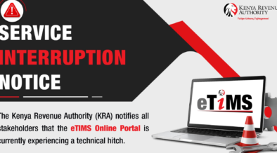 The Kenya Revenue Authority (KRA) has announced that the eTIMS Online Portal is currently unavailable due to a technical issue.