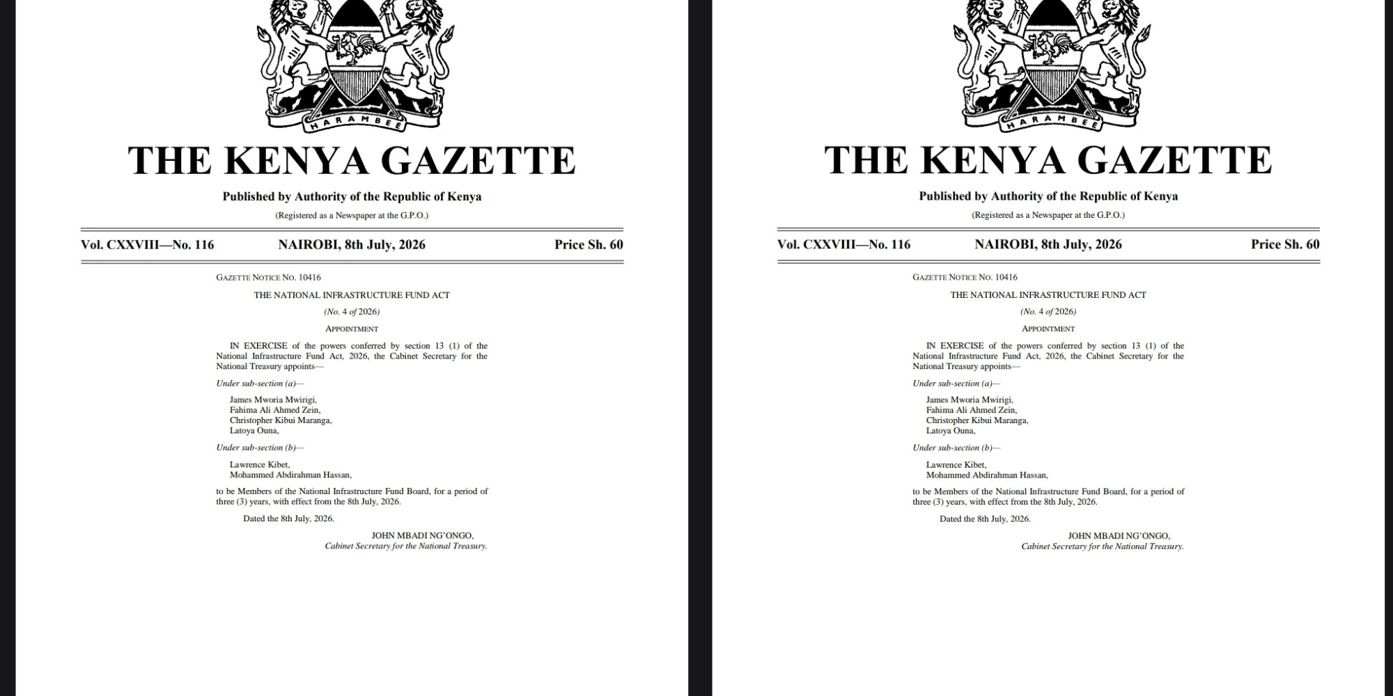 CS John Mbadi Appoints National Infrastructure Fund Board Members