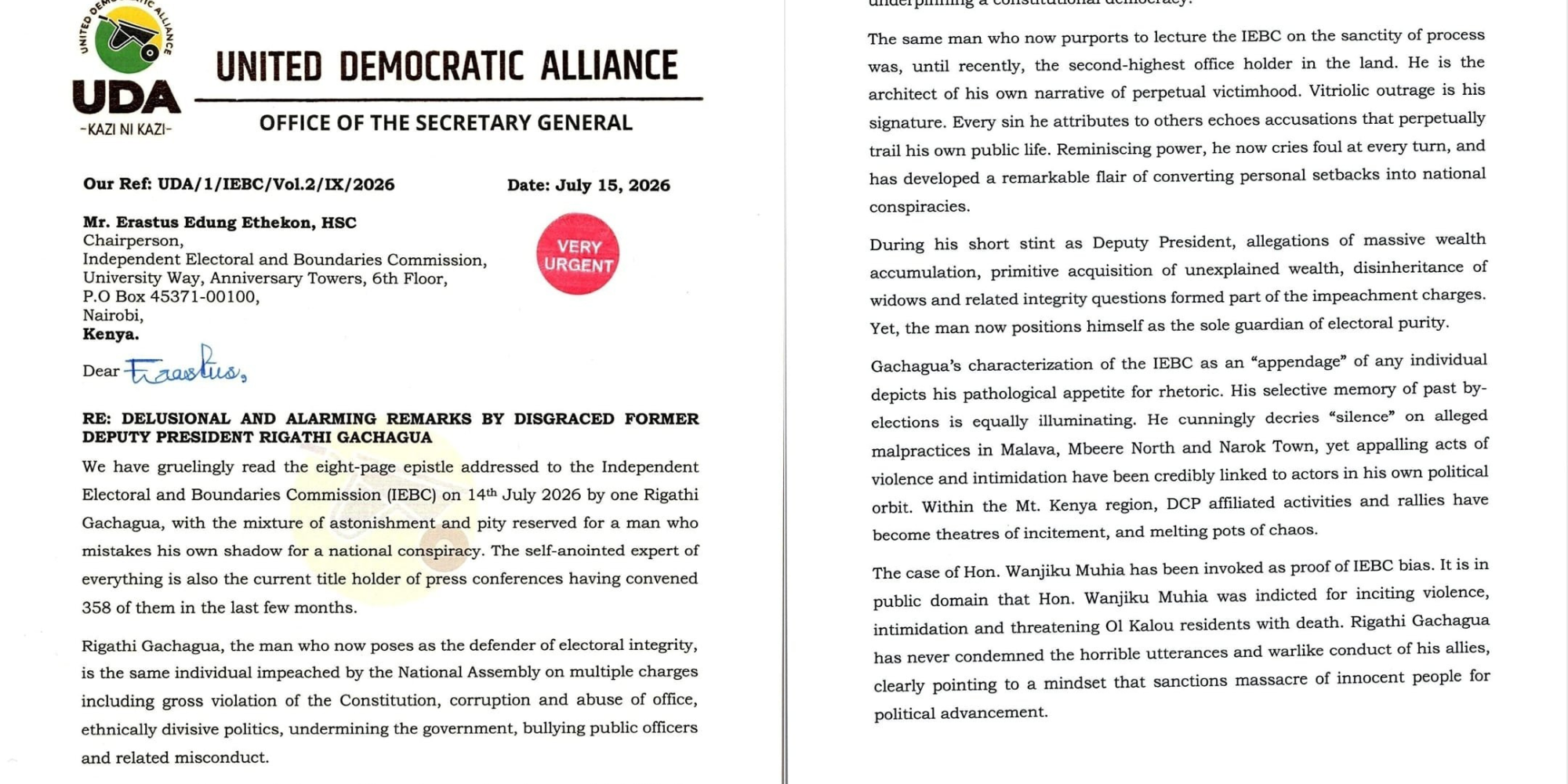 A photo showing the letter addresing gachagua's claims on Ol Kalou by- elections being rigged. Photo/ UDA