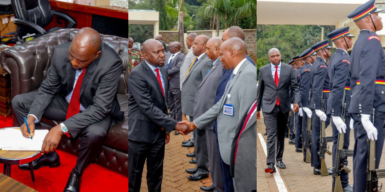 A collage of Interior CS Kipchumba Murkomen and Inspector General of Police Douglas Kanja presiding over the launch at DCI headquarters, Nairobi.