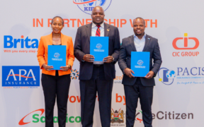 From left: Dynamique Insurance Brokers Ltd Managing Director Mildred Kauso, Kenya International Freight and Warehousing Association (KIFWA) National Chairman Fredrick Aloo, and Britam Chief Executive Officer, General Insurance, James Mbithi, during the launch of the Digital Marine Cargo Insurance Platform at the Argyle Hotel, Nairobi, on June 30, 2026. PHOTO/ FILE