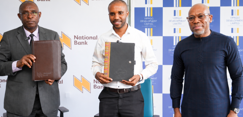 George Odhiambo, Managing Director, National Bank of Kenya; Martin Kariuki, General Manager, Vipingo Development and Ralph Opara, Access Bank Regional Managing Director, East Africa and Country Managing Director, Kenya, during the NBK-Centum MoU signing in Vipingo, Kilifi. PHOTO/File
